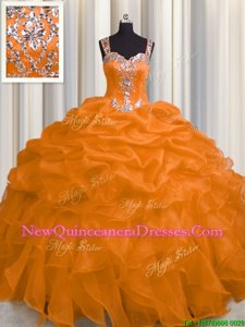 Hot Sale See Through Zipper Up Ball Gowns Ball Gown Prom Dress Orange Straps Organza Sleeveless Floor Length Zipper