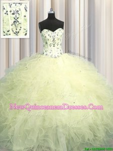 Deluxe Visible Boning Sweetheart Sleeveless Lace Up Sweet 16 Dresses Light Yellow Tulle