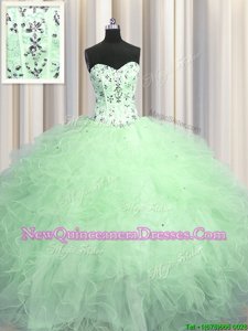 Latest Visible Boning Apple Green Sweetheart Neckline Beading and Appliques and Ruffles Quinceanera Dresses Sleeveless Lace Up
