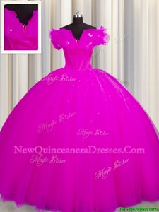 Elegant Fuchsia Tulle Lace Up Off The Shoulder Short Sleeves With Train 15 Quinceanera Dress Court Train Ruching