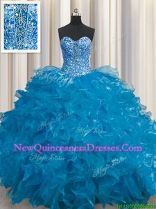 Cheap See Through Teal Organza Lace Up 15th Birthday Dress Sleeveless Floor Length Beading and Ruffles