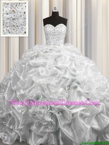 Dynamic Court Train Floor Length Grey Quinceanera Gowns Organza Sleeveless Spring and Summer and Fall and Winter Beading and Pick Ups