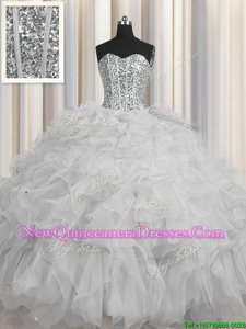 Dynamic Visible Boning Ball Gowns Quince Ball Gowns Grey Sweetheart Tulle Sleeveless Floor Length Lace Up