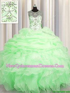 Enchanting See Through Spring Green Organza Lace Up Scoop Sleeveless Floor Length Sweet 16 Dresses Beading and Ruffles and Pick Ups