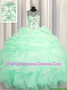 Beauteous See Through Apple Green Organza Lace Up Scoop Sleeveless Floor Length Quince Ball Gowns Beading and Ruffles and Pick Ups