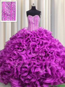 Custom Fit Visible Boning Fuchsia Sleeveless Floor Length Beading and Ruffles Lace Up Quinceanera Dress