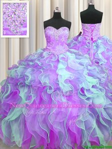 Enchanting Multi-color Ball Gowns Organza Sweetheart Sleeveless Beading and Appliques and Ruffles Floor Length Lace Up Vestidos de Quinceanera