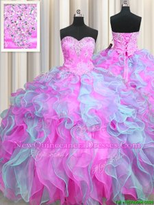 High Class Spring and Summer and Fall and Winter Organza Sleeveless Floor Length 15 Quinceanera Dress andBeading and Appliques and Ruffles