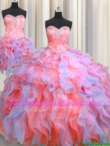 Cute Three Piece Organza Sweetheart Sleeveless Lace Up Beading and Appliques and Ruffles 15th Birthday Dress inMulti-color