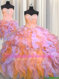 Fancy Three Piece Multi-color Organza Lace Up Sweetheart Sleeveless Floor Length Ball Gown Prom Dress Beading and Appliques and Ruffles