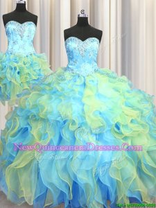 Extravagant Three Piece Floor Length Multi-color Quinceanera Dresses Organza Sleeveless Spring and Summer and Fall and Winter Beading and Appliques and Ruffles