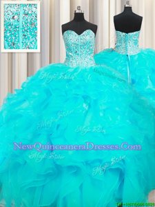 Excellent Visible Boning Beaded Bodice Organza Sweetheart Sleeveless Lace Up Beading and Ruffles Sweet 16 Dress inAqua Blue