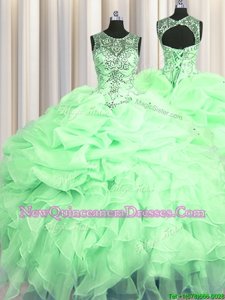 Best Scoop See Through Floor Length Apple Green Sweet 16 Dresses Organza Sleeveless Spring and Summer and Fall and Winter Beading and Ruffles and Pick Ups