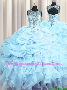 Graceful Scoop See Through Light Blue Sleeveless Organza Lace Up Quince Ball Gowns for Military Ball and Sweet 16 and Quinceanera