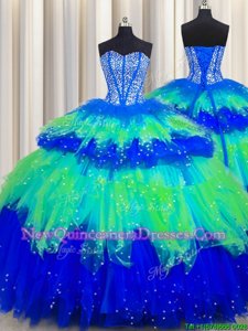Luxury Bling-bling Visible Boning Multi-color Tulle Lace Up Vestidos de Quinceanera Sleeveless Floor Length Beading and Ruffles and Ruffled Layers and Sequins