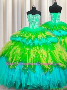 High Class Bling-bling Visible Boning Multi-color Sleeveless Beading and Ruffles and Ruffled Layers and Sequins Floor Length Quinceanera Dress