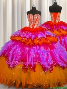 Affordable Bling-bling Visible Boning Multi-color Sleeveless Floor Length Beading and Ruffles and Ruffled Layers and Sequins Lace Up 15th Birthday Dress