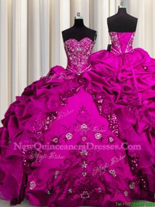 Latest Sequins Beading and Embroidery and Ruffles Quinceanera Gowns Fuchsia Lace Up Sleeveless Floor Length