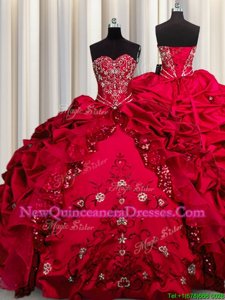 Custom Designed Embroidery Sequins Sweetheart Sleeveless Quinceanera Gowns Floor Length Beading and Appliques and Ruffles Red Taffeta