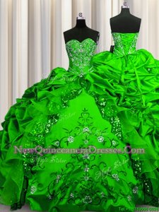 Fashionable Sequins Spring Green Ball Gowns Taffeta Sweetheart Sleeveless Beading and Embroidery and Ruffles and Pick Ups Floor Length Lace Up Quinceanera Dresses