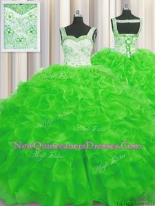Affordable Spring Green Sleeveless Organza Lace Up Quinceanera Dresses for Military Ball and Sweet 16 and Quinceanera