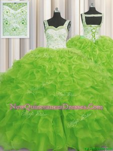 Lovely Beading and Ruffles Vestidos de Quinceanera Yellow Green Lace Up Sleeveless Floor Length