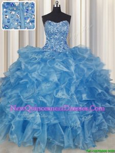 Excellent Visible Boning Strapless Sleeveless Quince Ball Gowns Floor Length Beading and Ruffles Baby Blue Organza