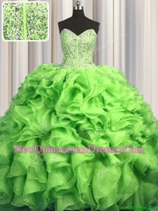 Luxurious Visible Boning Brush Train With Train Ball Gowns Sleeveless Yellow Green 15th Birthday Dress Sweep Train Lace Up
