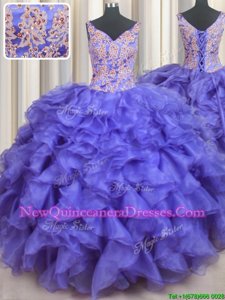 Captivating V Neck Lavender Vestidos de Quinceanera Military Ball and Sweet 16 and Quinceanera and For withAppliques and Ruffles V-neck Sleeveless Lace Up