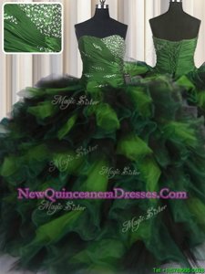 Stylish Olive Green Sleeveless Organza and Tulle Lace Up Ball Gown Prom Dress for Military Ball and Sweet 16 and Quinceanera