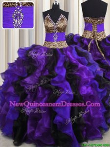 Leopard V Neck Floor Length Ball Gowns Sleeveless Multi-color 15 Quinceanera Dress Lace Up
