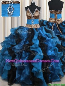 Leopard Two Tone V Neck Blue And Black Lace Up V-neck Beading and Ruffles 15th Birthday Dress Organza and Printed Sleeveless