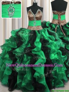 Popular Leopard Two Tone V Neck Multi-color Sleeveless Organza Lace Up Vestidos de Quinceanera for Military Ball and Sweet 16 and Quinceanera