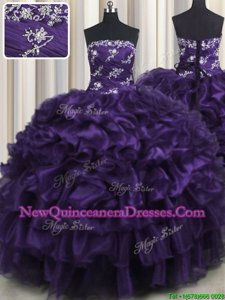 Vintage Purple Strapless Lace Up Appliques and Ruffles and Ruffled Layers Quinceanera Dresses Sleeveless