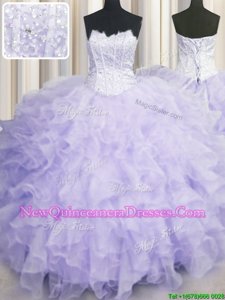 Beauteous Lavender Lace Up Scalloped Beading and Ruffles Sweet 16 Dresses Organza Sleeveless
