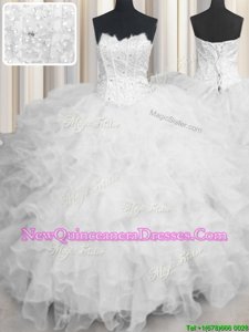 Ball Gowns 15 Quinceanera Dress White Scalloped Organza Sleeveless Floor Length Lace Up