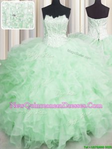 On Sale Scalloped Visible Boning Apple Green Sleeveless Organza Lace Up Quince Ball Gowns for Military Ball and Sweet 16 and Quinceanera