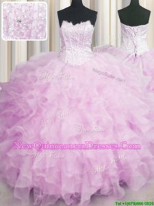 Adorable Visible Boning Scalloped Sleeveless Floor Length Beading and Ruffles Lace Up Quinceanera Dresses with Lilac