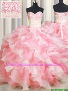 Romantic Visible Boning Two Tone Sweetheart Sleeveless Lace Up Sweet 16 Dress Multi-color Organza