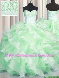 Artistic Visible Boning Two Tone Multi-color Sweetheart Lace Up Beading and Ruffles Quince Ball Gowns Sleeveless