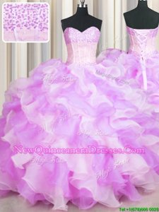 Luxurious Visible Boning Two Tone Beading and Ruffles Ball Gown Prom Dress Multi-color Lace Up Sleeveless Floor Length