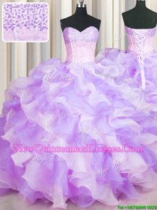 Noble Two Tone Visible Boning Floor Length Lace Up 15 Quinceanera Dress Multi-color and In for Military Ball and Sweet 16 and Quinceanera withBeading and Ruffles