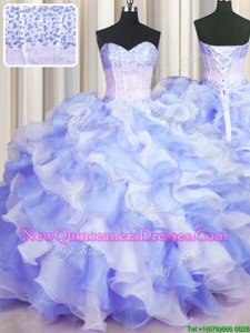 Sumptuous Two Tone Visible Boning Sweetheart Sleeveless Sweet 16 Dress Floor Length Beading and Ruffles Multi-color Organza