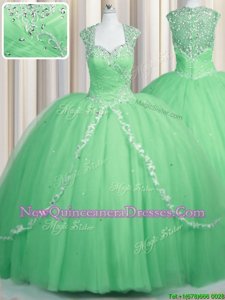Superior Brush Train Ball Gowns Quince Ball Gowns Apple Green Sweetheart Tulle Cap Sleeves Zipper