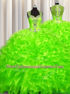 Latest Pick Ups Zipper Up See Through Back With Train Ball Gowns Sleeveless Spring Green Sweet 16 Dresses Brush Train Zipper