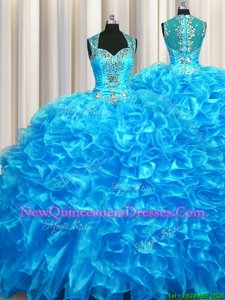 Zipper Up See Through Back Baby Blue Organza Zipper Straps Sleeveless With Train Quinceanera Gown Beading and Ruffles