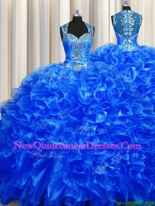 Dazzling Zipper Up See Through Back Royal Blue Sweet 16 Dresses Military Ball and Sweet 16 and Quinceanera and For withBeading and Ruffles Straps Sleeveless Sweep Train Zipper