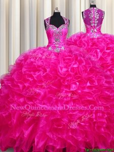 Inexpensive Zipper Up See Through Back Fuchsia Sweet 16 Dress Military Ball and Sweet 16 and Quinceanera and For withBeading and Ruffles Straps Sleeveless Sweep Train Zipper