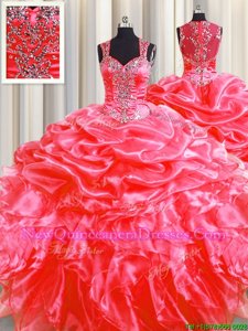 Sweet Pick Ups Zipper Up See Through Back Coral Red Zipper Straps Beading and Ruffles Ball Gown Prom Dress Organza Sleeveless Sweep Train
