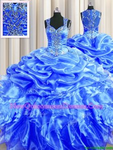 Best Selling Pick Ups Zipper Up See Through Back Ball Gowns Quince Ball Gowns Blue Straps Organza Sleeveless Floor Length Zipper